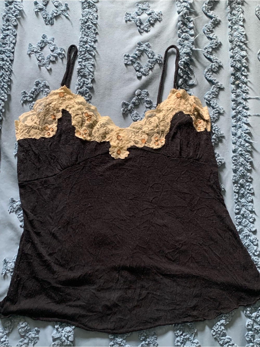 Vintage Black Sheer Cami with Cream Lace Trim and Gold Sequins